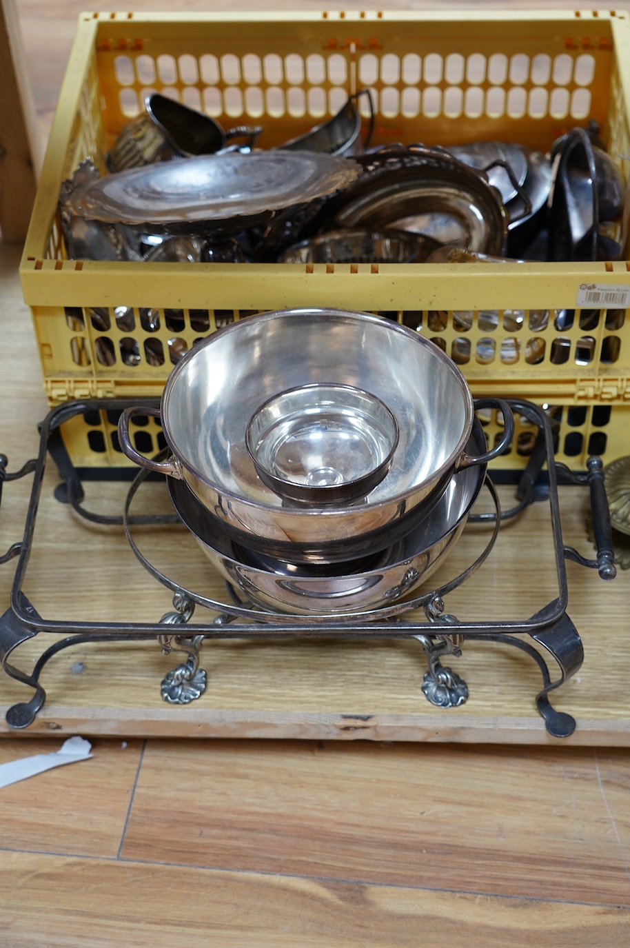 Two boxes of mixed plated wares; including stands, a jug, candlesticks, boxes, trays and teaware etc. Condition - fair to good